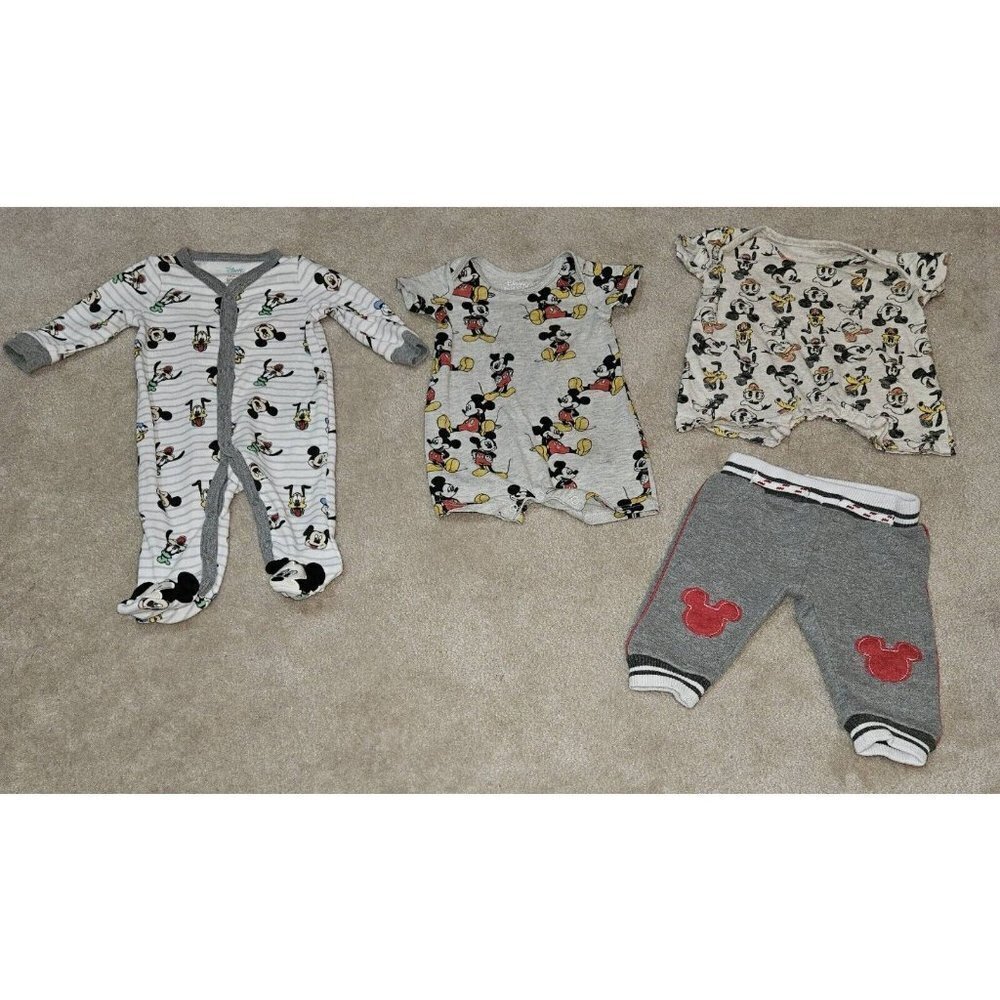 Disney Baby 0-3-6 Months Mickey Mouse Mixed Lot Rompers Pants Footie Donald READ